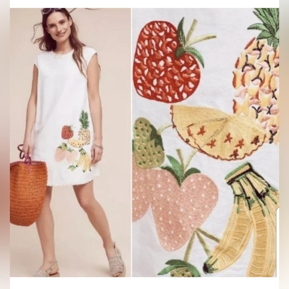 Anthropologie Holding Horses Fruit Salad Linen Tunic Dress White Raw Size Medium - Picture 8 of 9